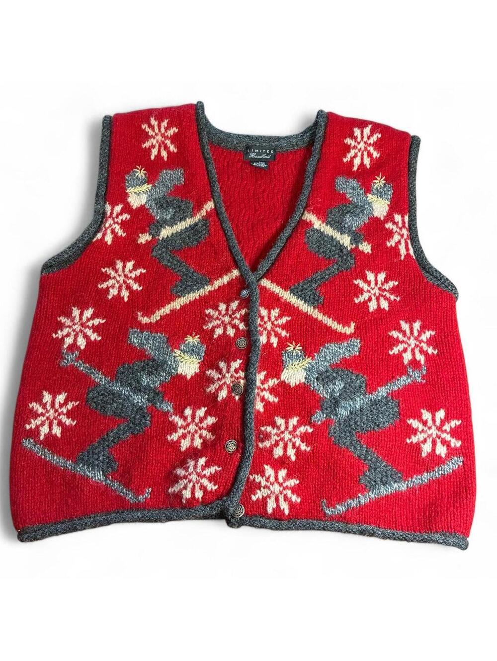 Christmas Sweater The Limited Vintage Handknit Skiing Snowman  Vest Large Red